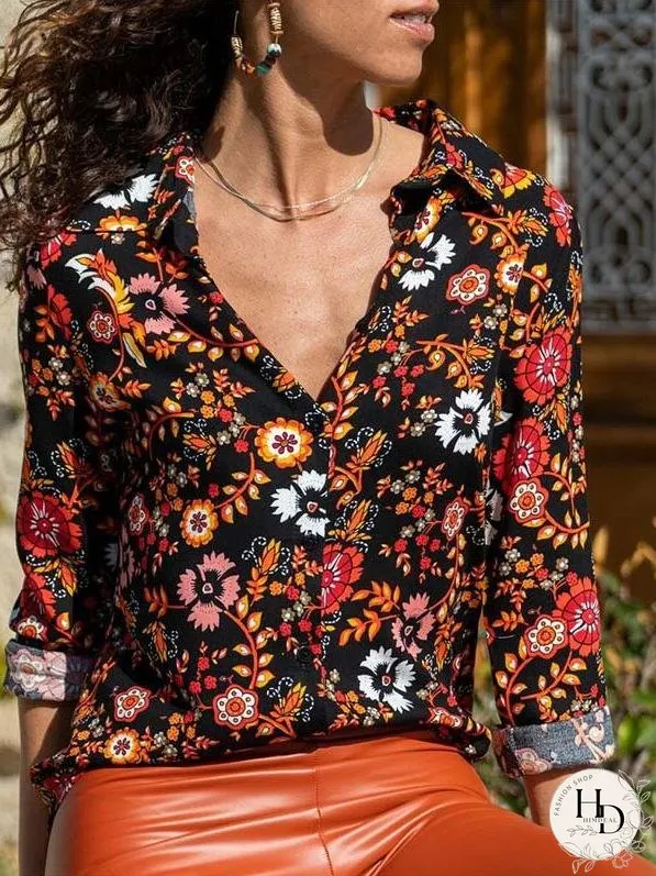 Blouses Printed Lapel Button Long Sleeve Blouse for Women