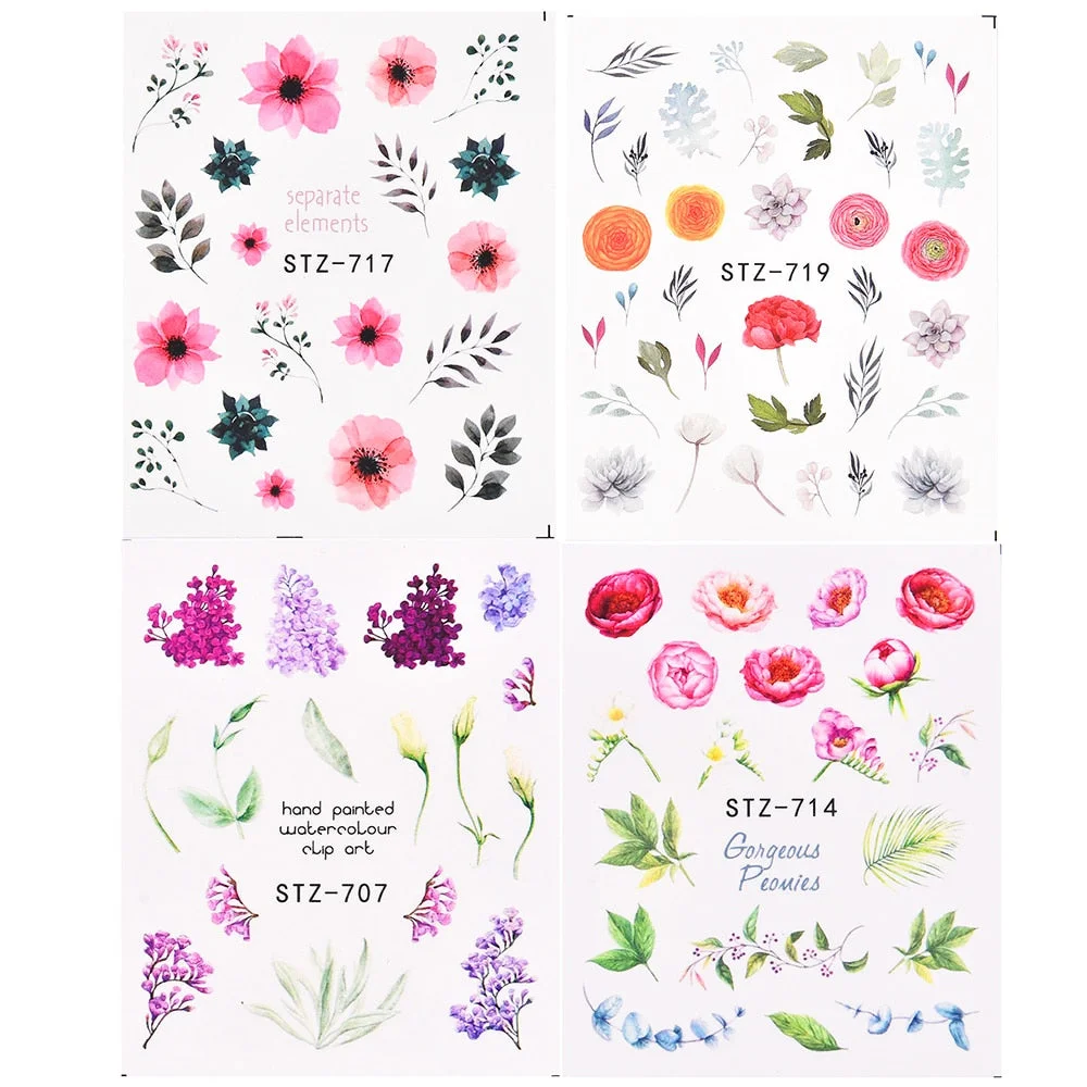 Coloful Flower Leaf 3D Stickers on Nails Decoration Tattoo Water Decals Nail Sticker UV Gel Slider Manicure Wraps-Nail Inspo