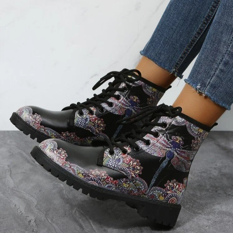 Qengg Women's Shoes Women's Winter 2021 Boots Shoes Women's Tooling Boots Skull and Flower Print High-top Boots 2022