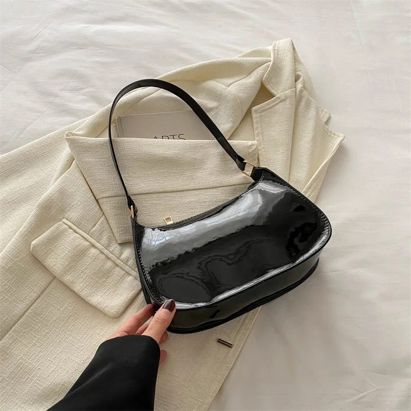Iplaynox 2024 Black Shoulder Bag – Harajuku Patent Leather Handbag for Women Versatile Fashion Purse  