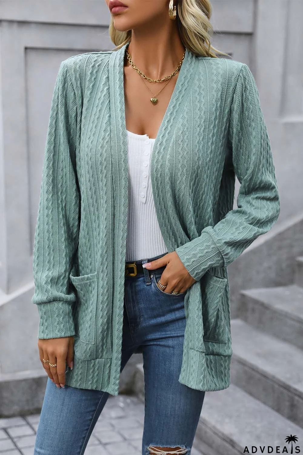 Cable-Knit Long Sleeve Cardigan with Pocket