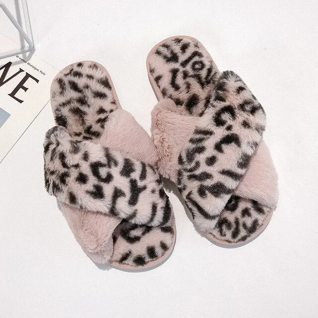 Thick Winter Women House Slippers Faux Fur Fashion Warm Shoes Woman Slip on Flats Female Slides Leopard Cozy Home Furry Slippers