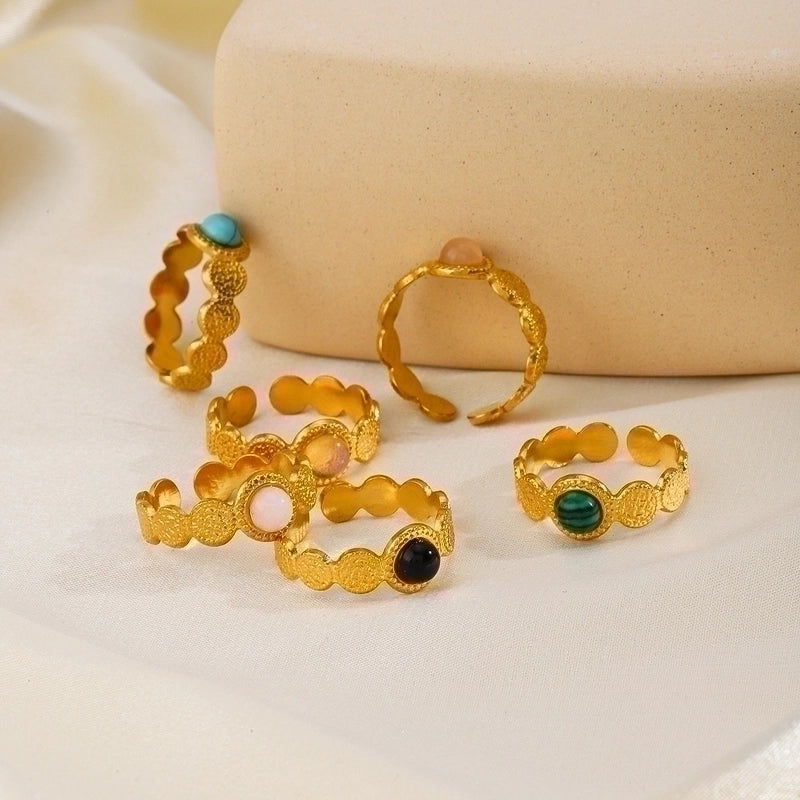 304 Stainless Steel 18K Gold Plated IG Style Plating Inlay Geometric Natural Stone Turquoise Opal Open Ring