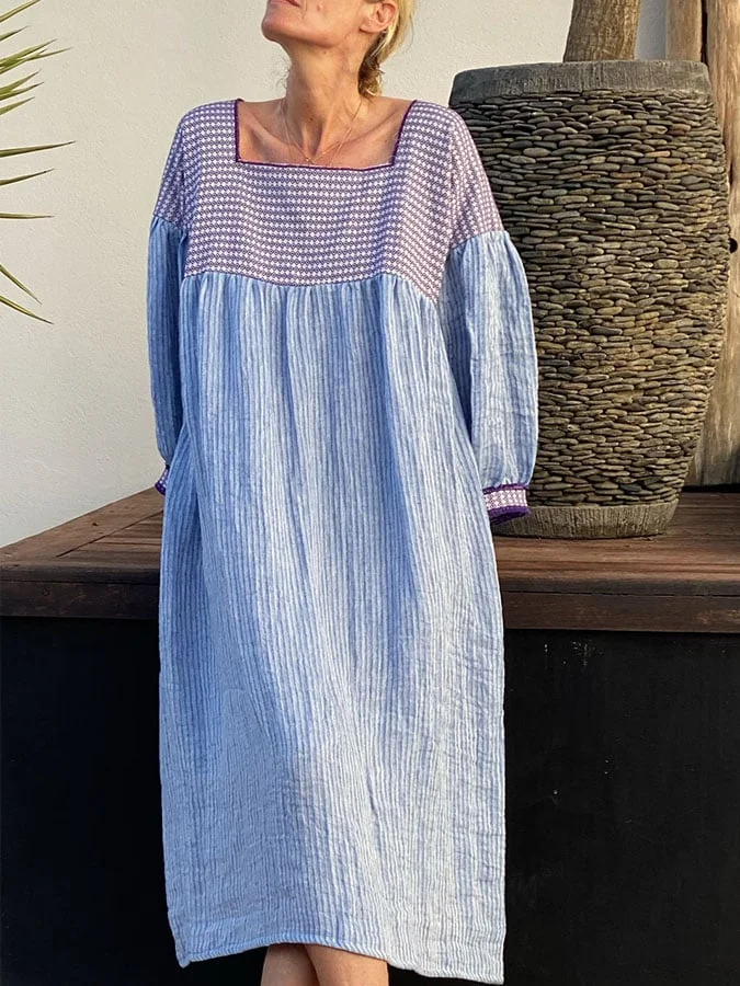 Women'S Casual Square Neck Three-Quarter Sleeve Striped Print Dress