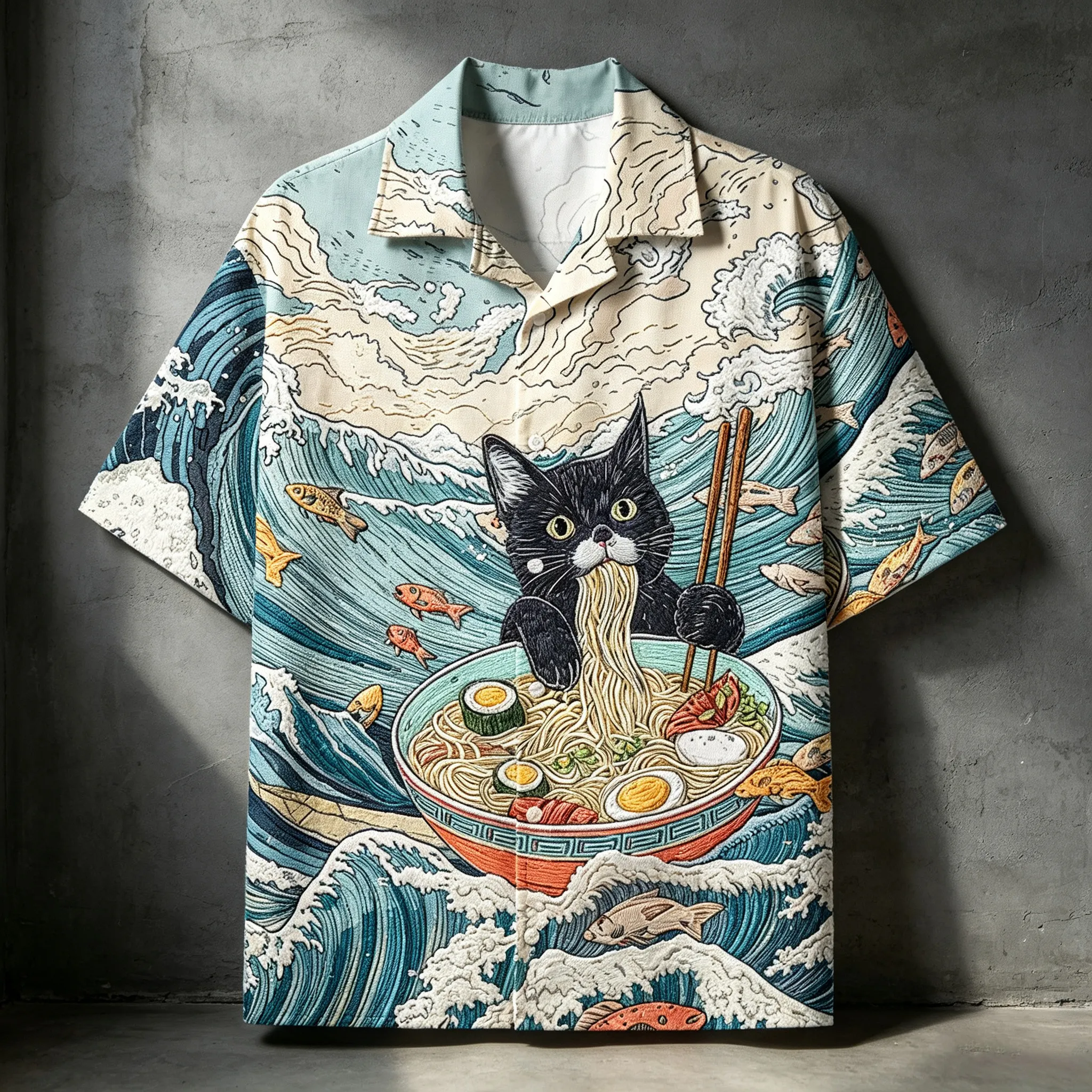 Men's Japanese-style Cat Eating Ramen Pattern Casual Linen Blend Short-sleeved T-shirt  artssus