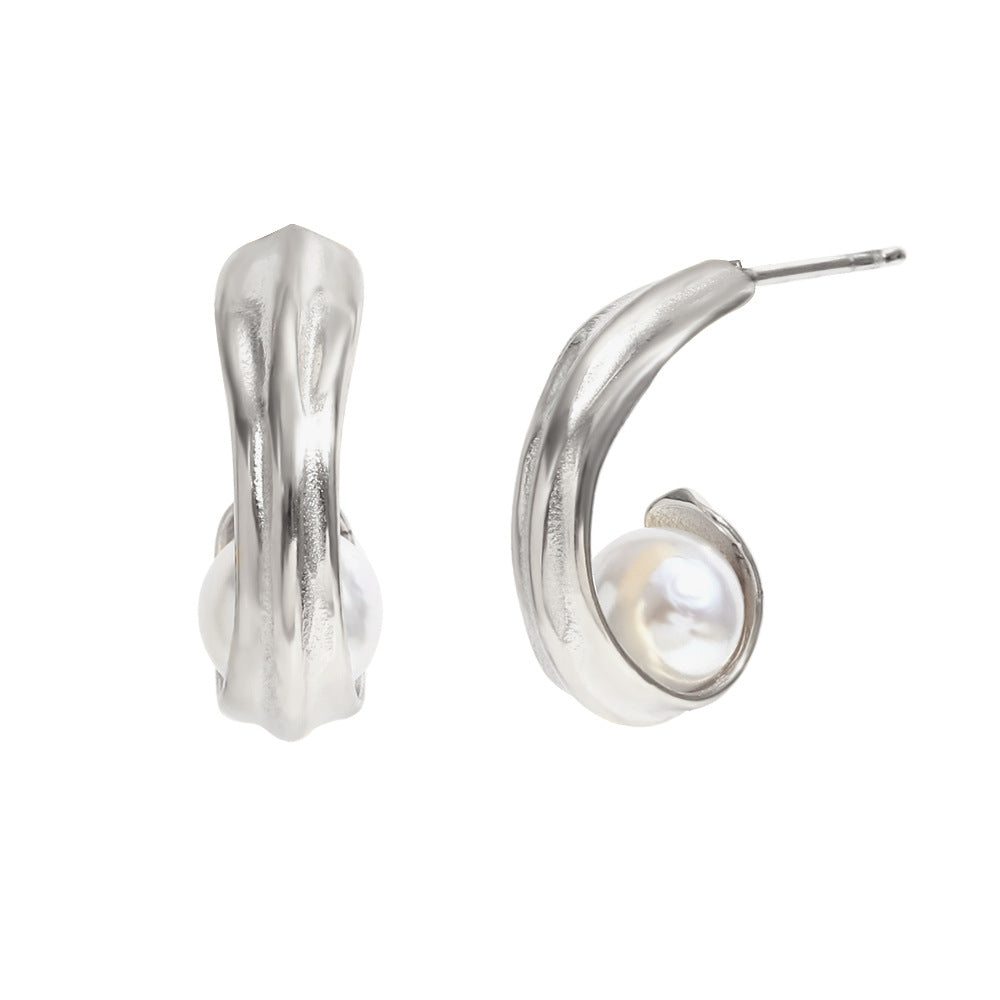 French Exquisite Stainless Steel Plated 18K Gold Curling Wrapped French Pearl Flower Earrings