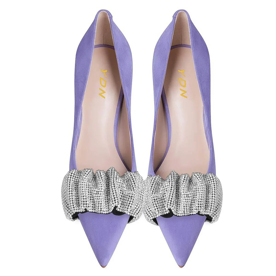 Vegan Suede Rhinestone Embellished Pointed Toe Pumps Heels in Purple