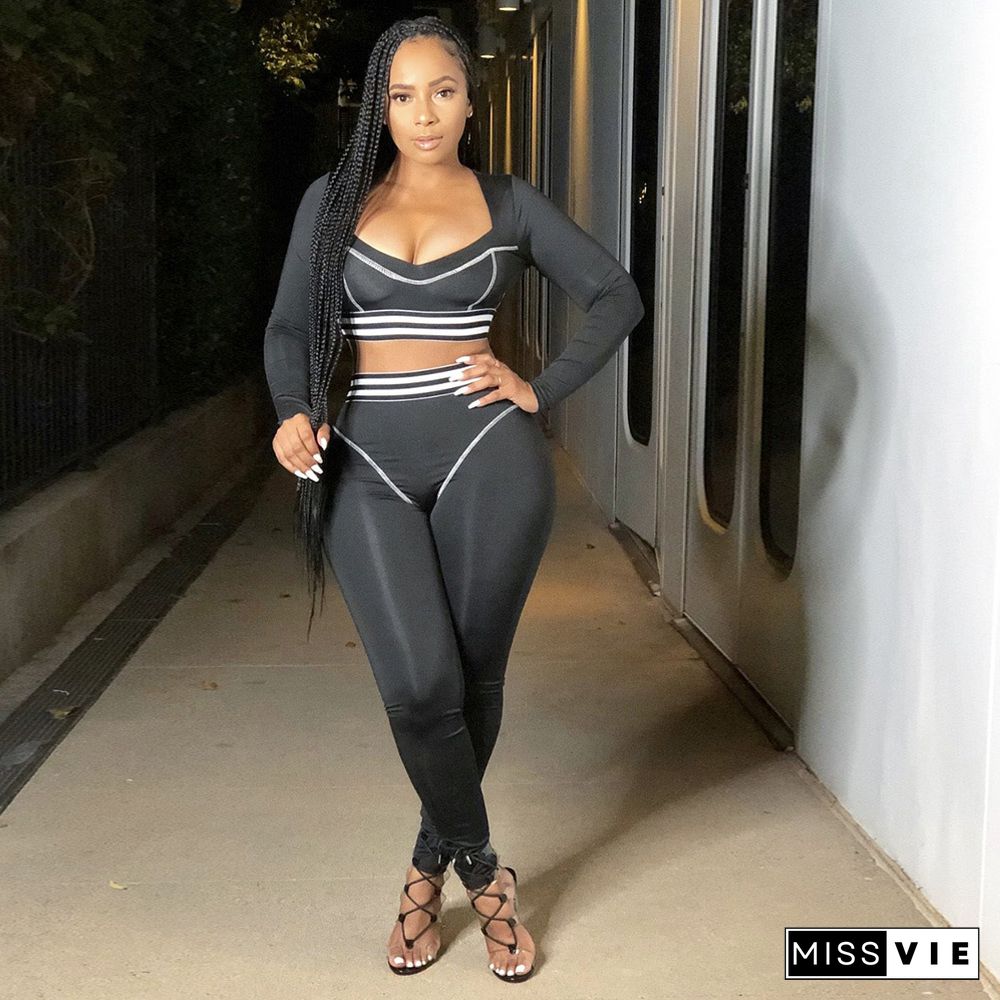 V-neck Stripe Long Sleeve Crop Top Tight Sport Suit