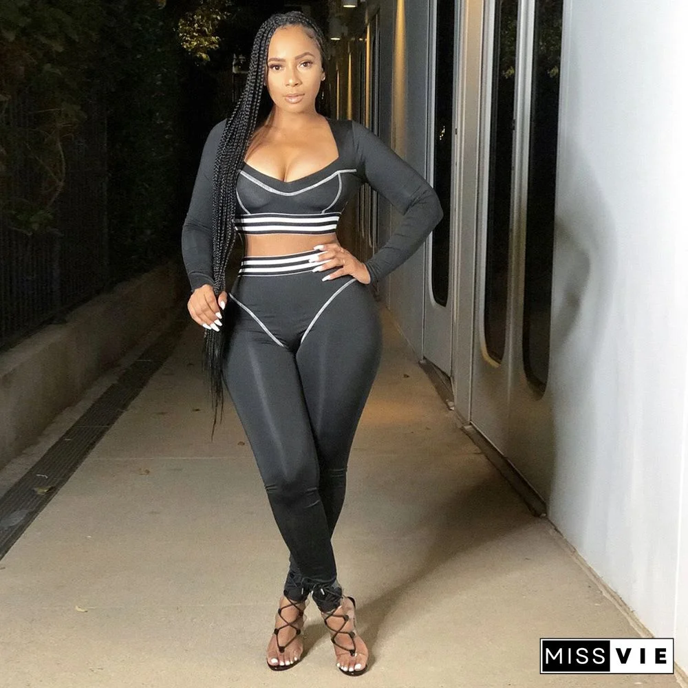 V-neck Stripe Long Sleeve Crop Top Tight Sport Suit