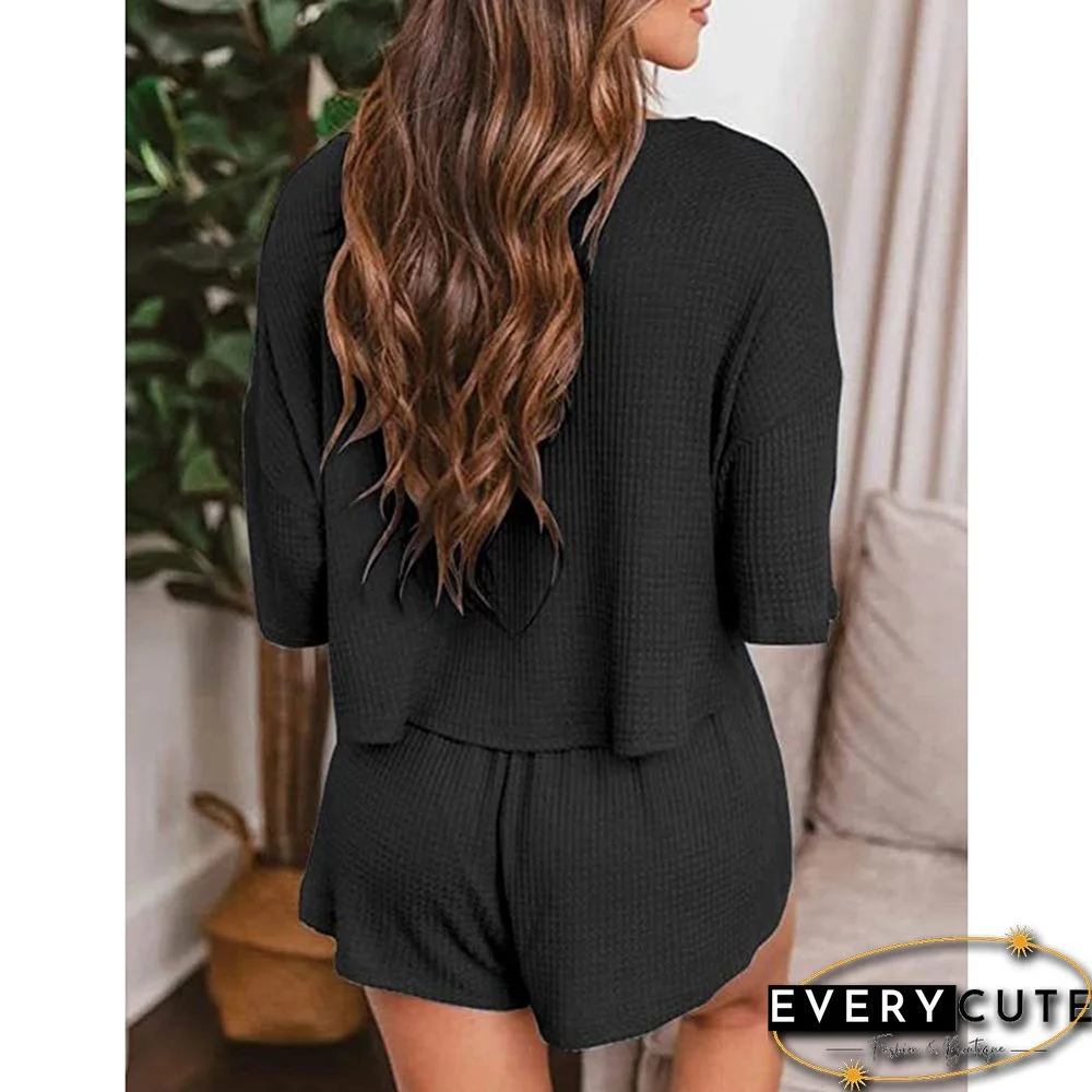 Black Waffle V Neck Pocket Top and Shorts Set