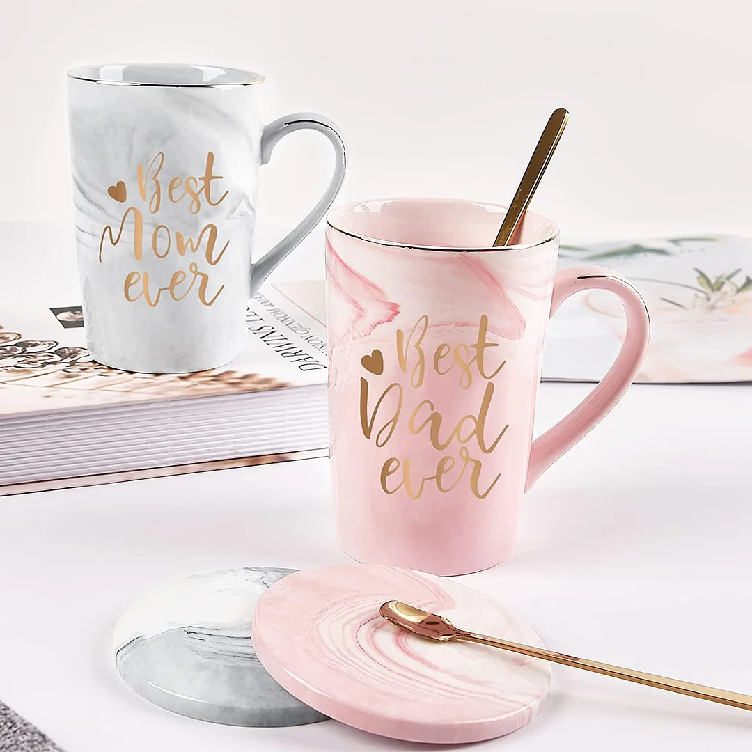 Gift for Mom Dad - Best Mom Dad Ever Coffee Mug - Mother's Father's Day Gift for Parents from Daughter Son - Anniversary Couple Gift - 14 Oz with Box, Coaster, Spoon