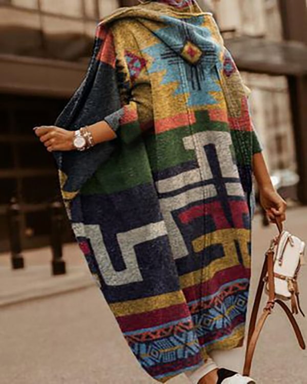 Ethnic Vintage Print Long Pocket Cardigan