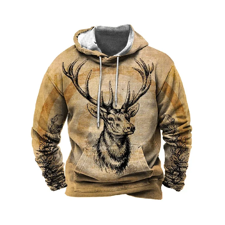 Men'S Contrast Elk Print Hoodie