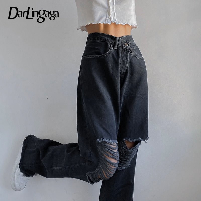 Darlingaga Streetwear Black Hole Ripped Woman Jeans Straight Loose Denim Pants Casual Trousers Boyfriend Style Baggy Jeans