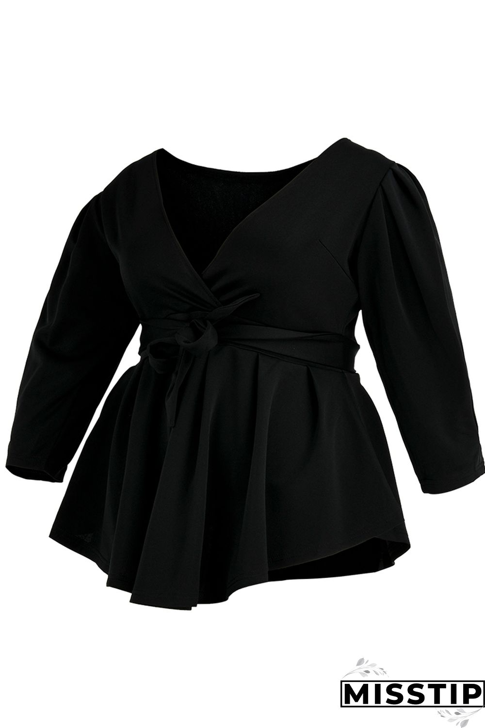 Black Fashion Casual Solid Bandage V Neck Plus Size Tops