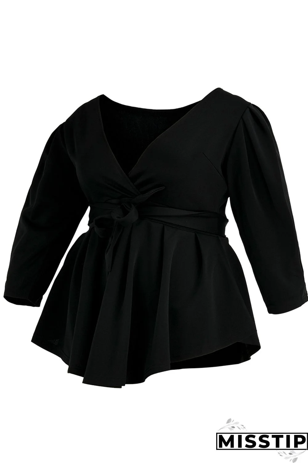 Black Fashion Casual Solid Bandage V Neck Plus Size Tops