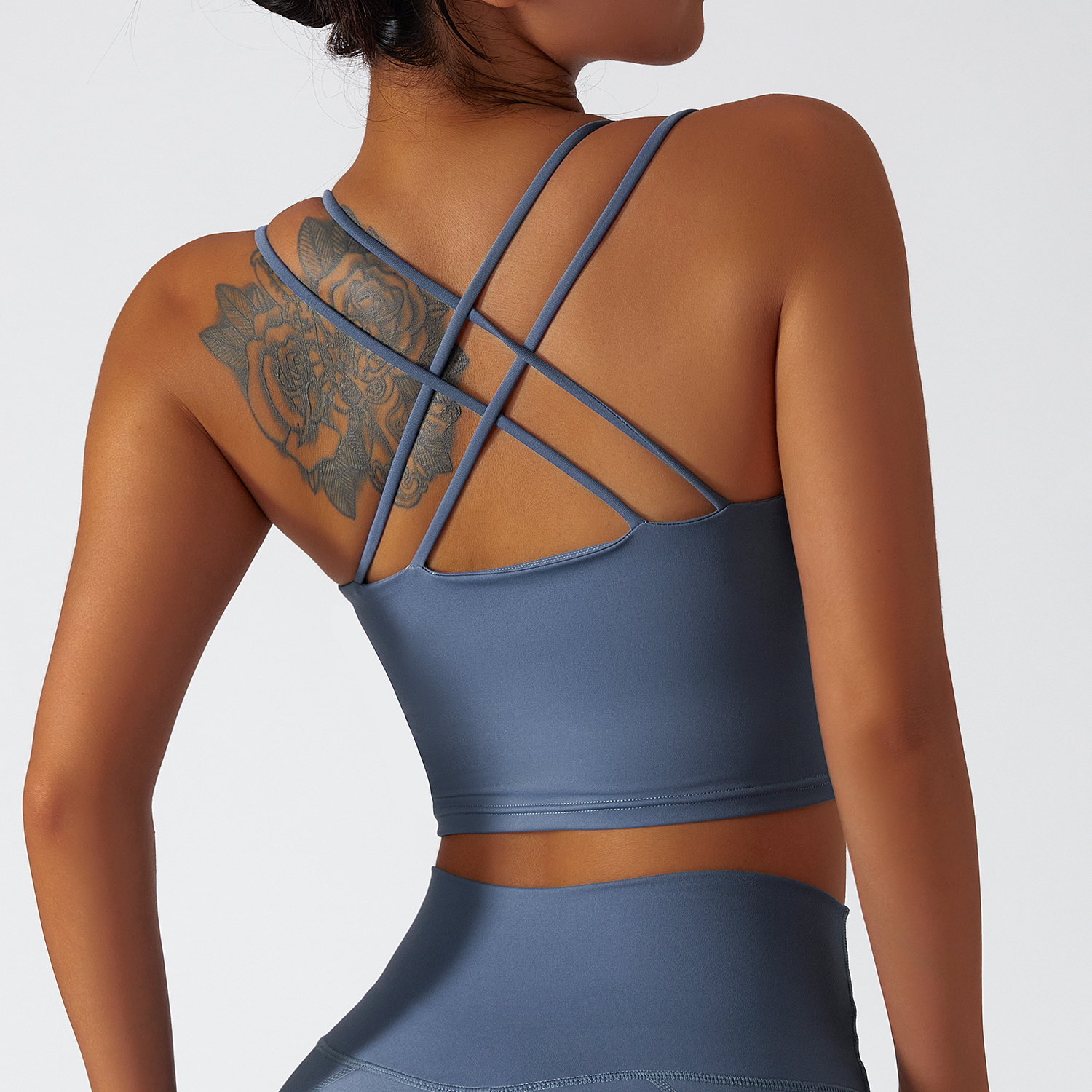 Hergymclothing Moonstone Gray environmentally friendly recycled fabric 4 way stretch ethically made naked feel high support cross back sports bra for sale