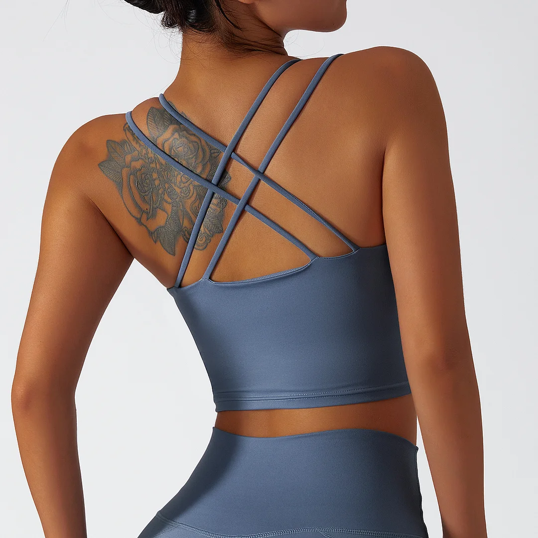 Hergymclothing Moonstone Gray environmentally friendly recycled fabric 4 way stretch ethically made naked feel high support cross back sports bra for sale
