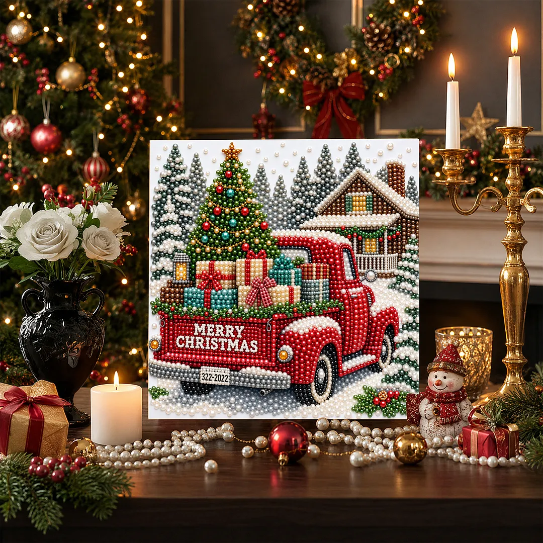 Framed Pearl Painting Kit Christmas Red Pickup Truck 20x20cm