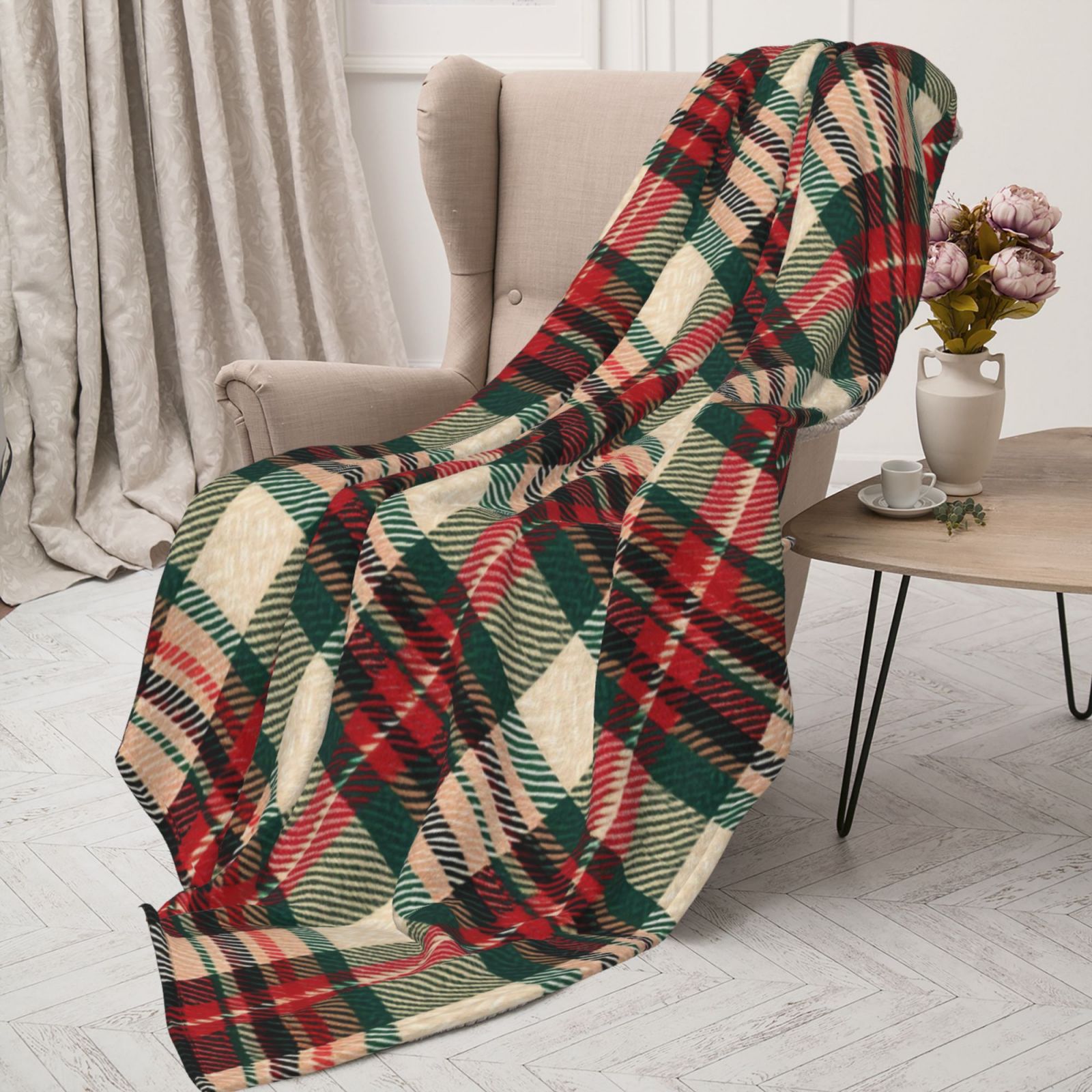Comstylish Christmas Red And Green Plaid Print Cozy Flannel Blanket