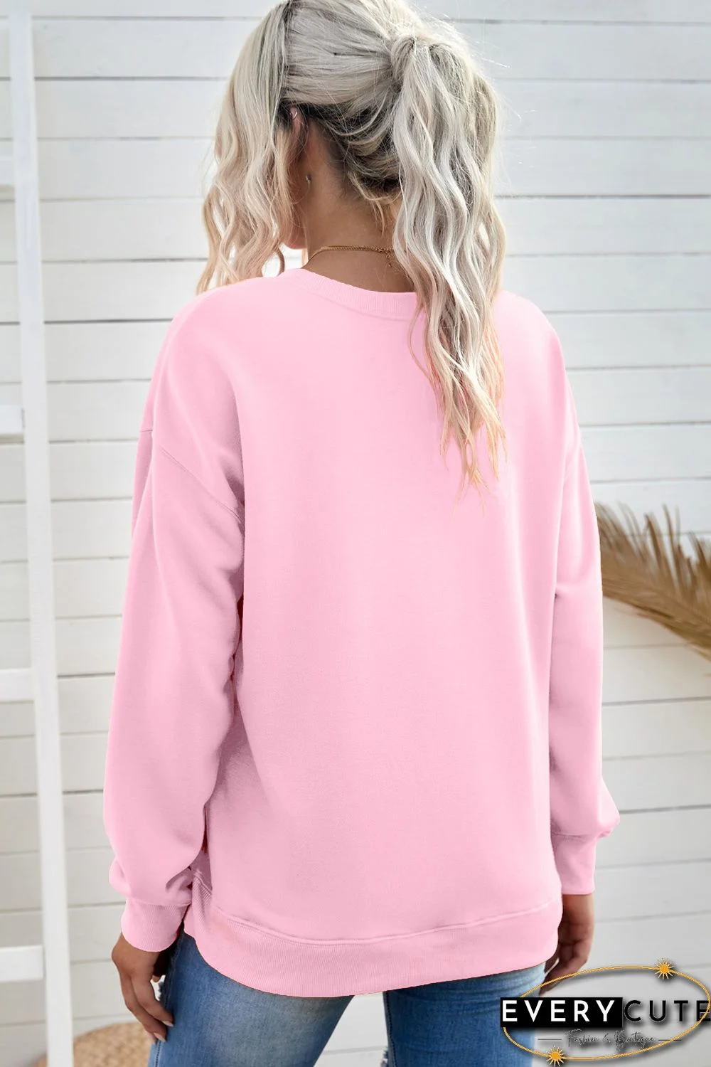 Pink Plaid Leopard Hearts Print Drop Sleeve Pullover Sweatshirt