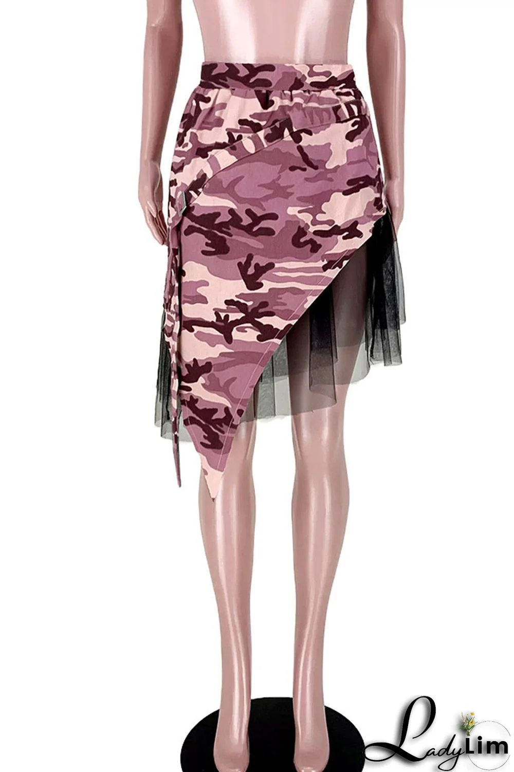 Pink Fashion Street Print Camouflage Print Patchwork Asymmetrical High Waist Full Print Bottoms