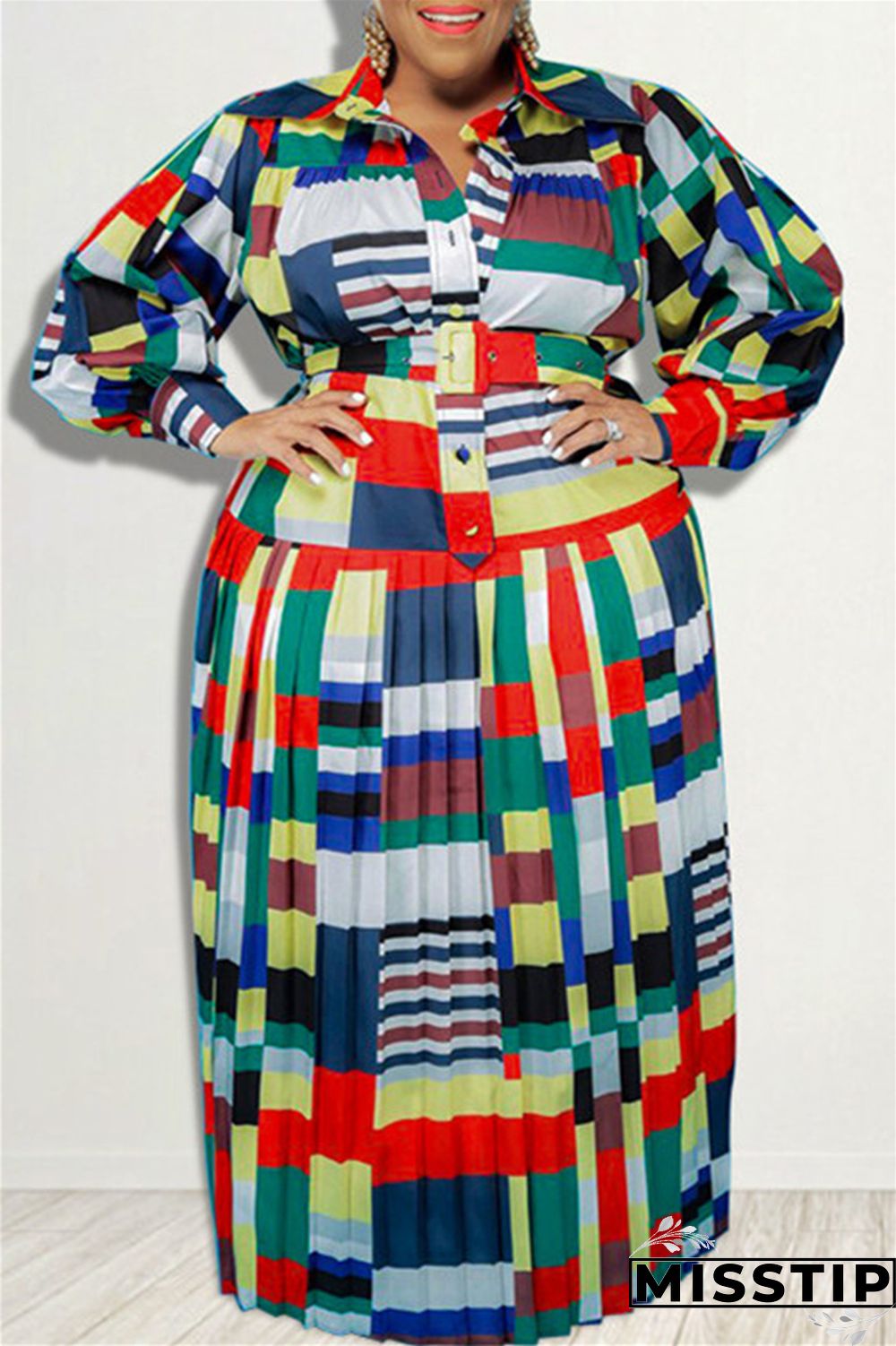 Red Fashion Casual Basic Turndown Collar Long Sleeve Plus Size Dresses
