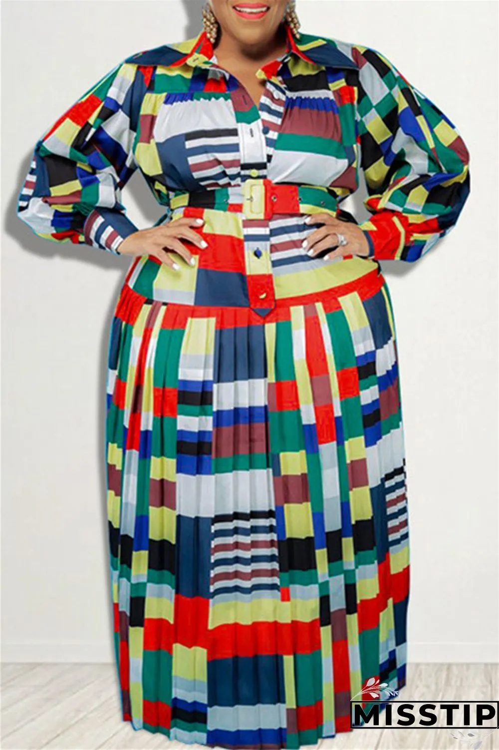 Red Fashion Casual Basic Turndown Collar Long Sleeve Plus Size Dresses