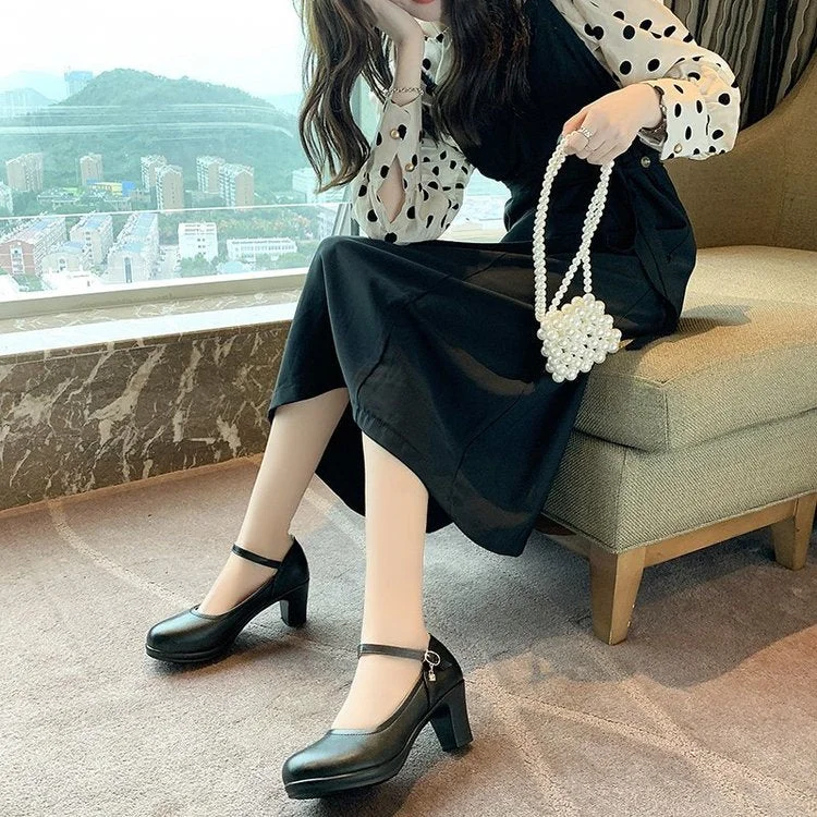 2022 New Women Dress Shoes Medium Heels Mary Janes Shoes Patent Leather Pumps Ankle Strap Ladies Shoe Office Zapatos Mujer