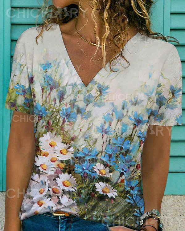 Women's  Abstract Floral V-Neck Short Sleeve T-Shirt