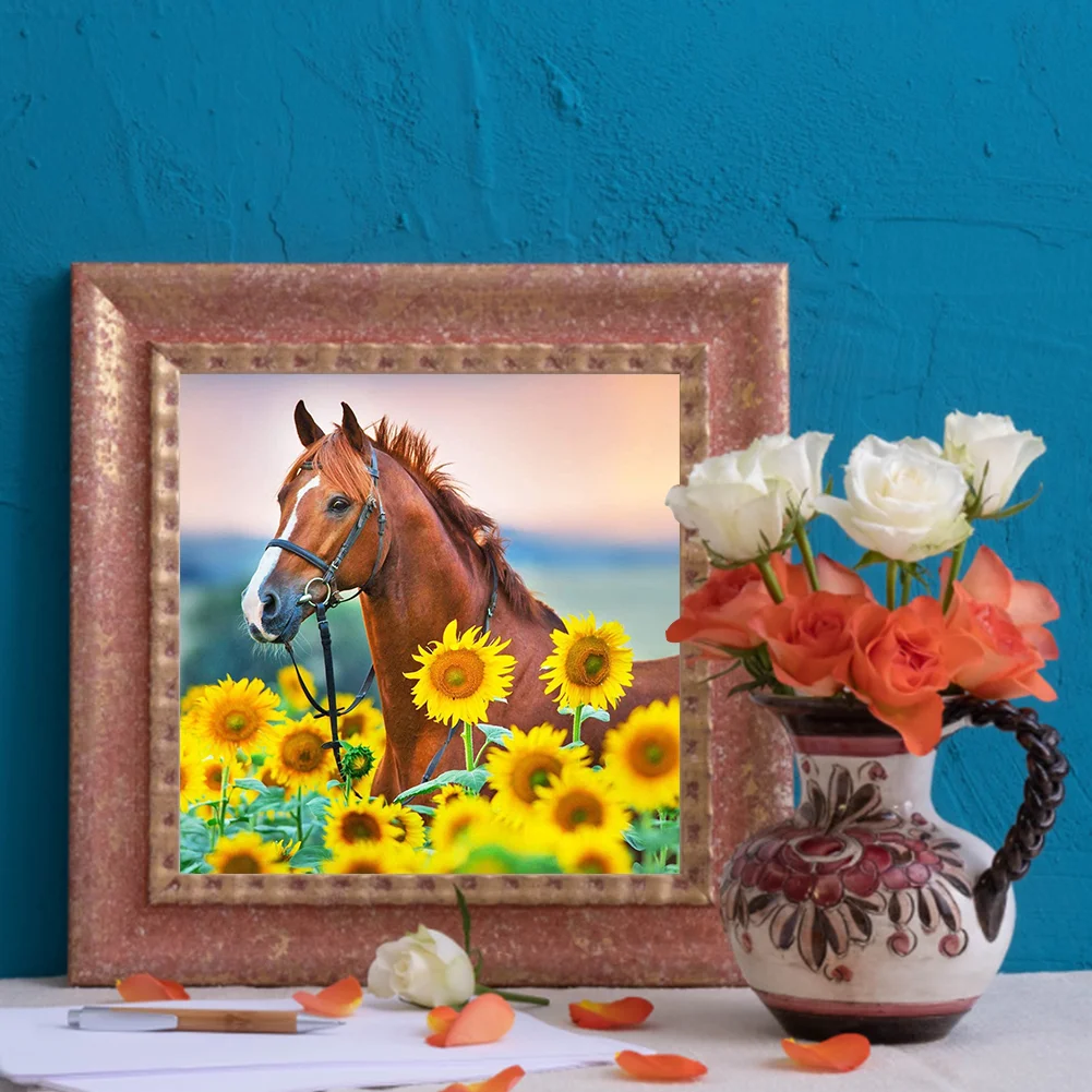 Full Square Diamond Painting 35*35cm - Red Horse In Sunflower Field