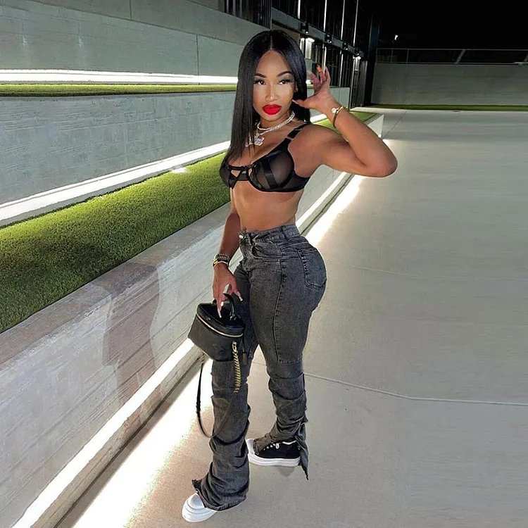 KittenAlarm - Grey Split Denim Stacked Pants Zip Up Baddie Style Streetwear Pencil Jeans For Women High Waist Bodycon Ruched Trousers