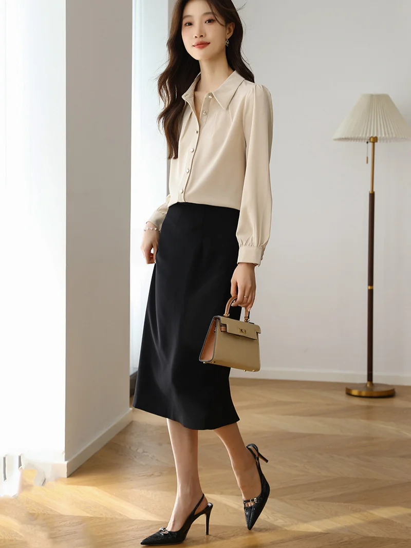 Athvotar Athvotar 2025 New Solid Color Shirt Slim Fashion Shirt Elegant Temperament Commuting OL Chiffon Shirt