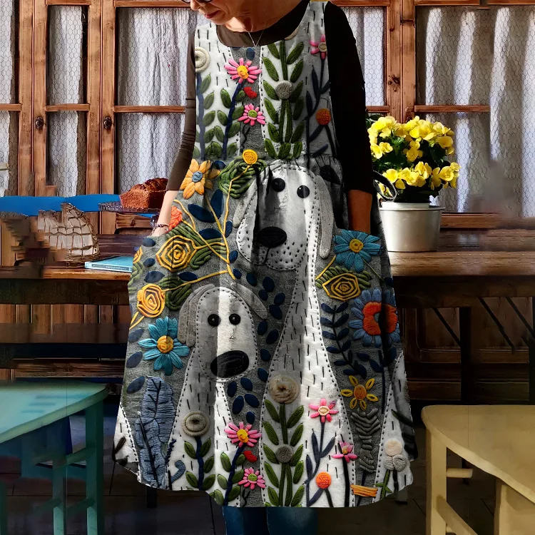 Vintage Cute Dogs And Floral Art Midi Pinafore Dress