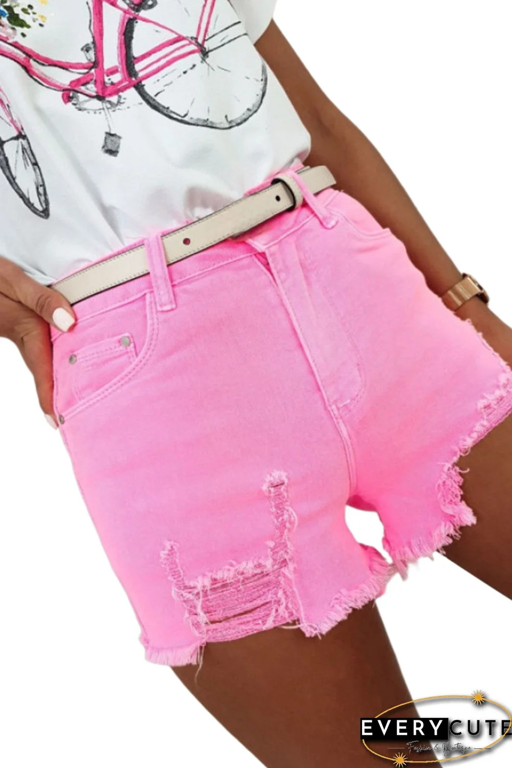 Rose Solid Color Distressed Denim Shorts