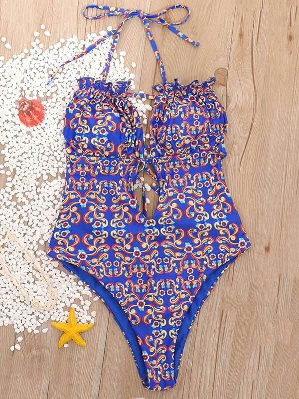 Floral-Print Bandage Backless One-Piece Swimwear