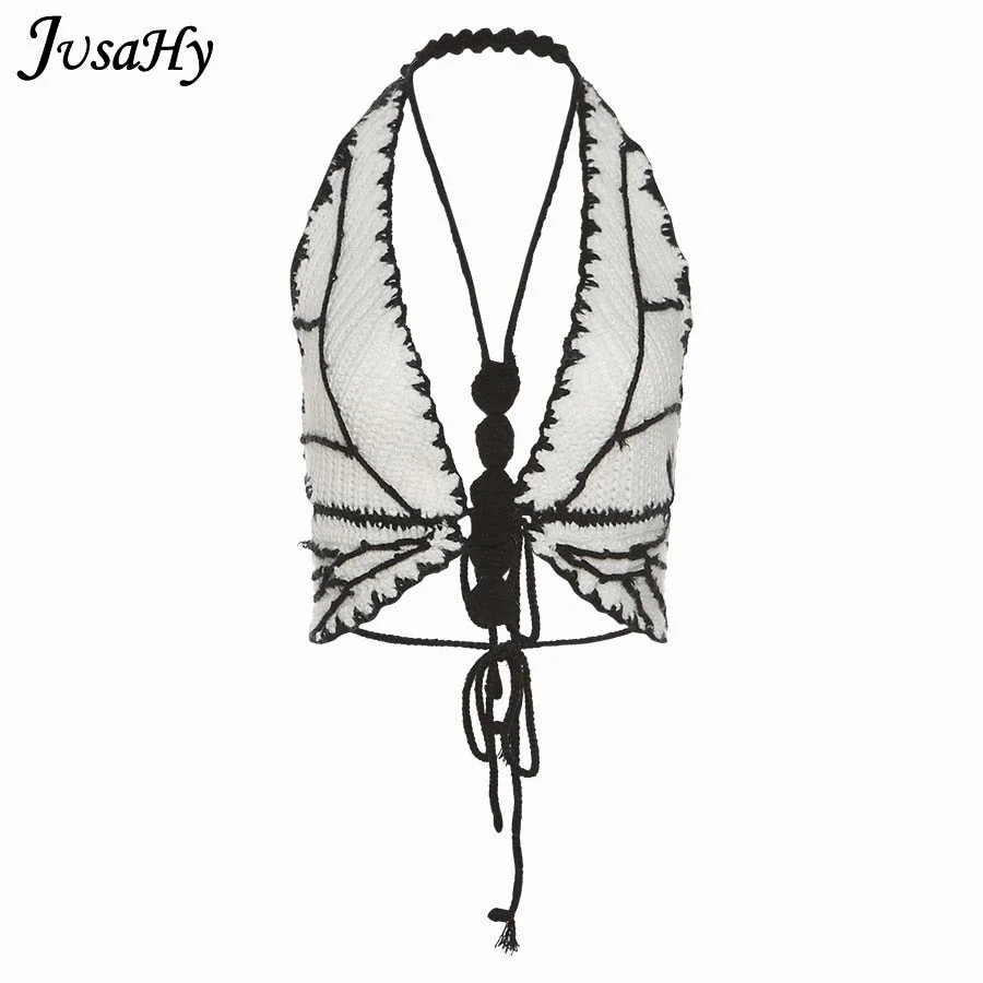 JusaHy Sexy Butterfly Design Y2K Tank Top Women Halter Bandage Sleeveless Knitted Beach Tunic Summer Fashion Party Club Camisole