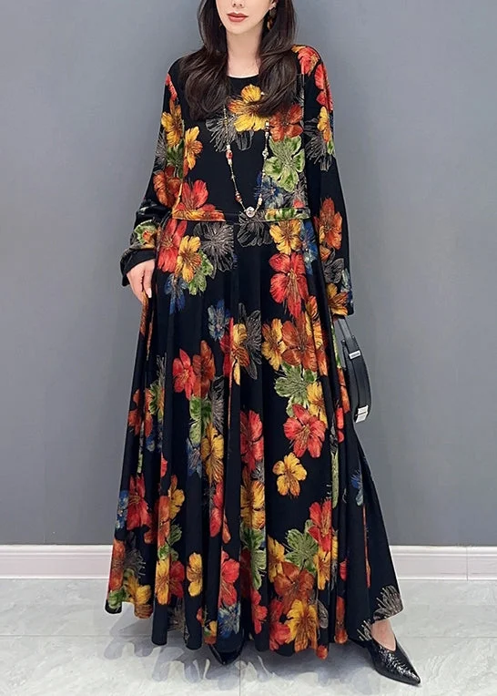 Beautiful Colorblock Print Wrinkled Patchwork Cotton Long Dress Fall