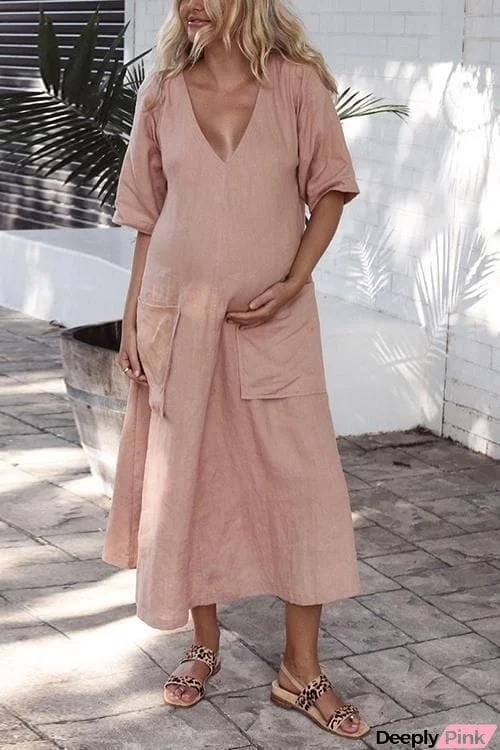 Solid V Neck Pockets Linen Maxi Dress