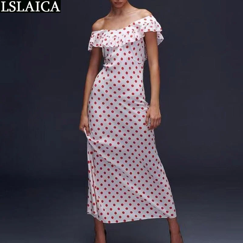 Red Polka Dot Printed Dress Off Shoulder Ruffles Summer Fashion Party Maxi Dresses for Women Beautiful Going Out Female Clothing
