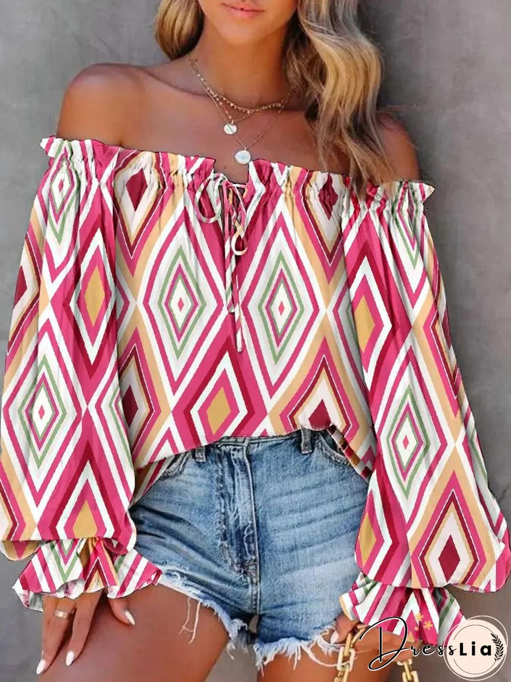 Women'S Blouses One-Shoulder Flared Sleeve Lace Up Blouses