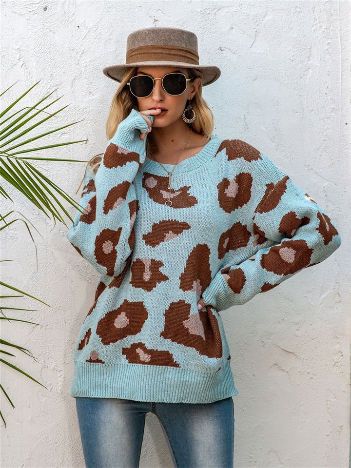 Leopard Round Neck Loose Knit Pullover Sweater | EGEMISS