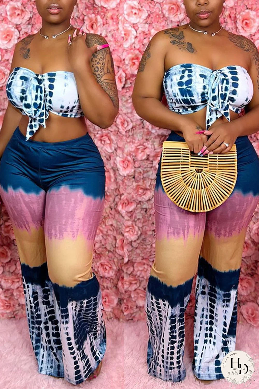 Pink Sexy Print Patchwork Strapless Plus Size Two Pieces