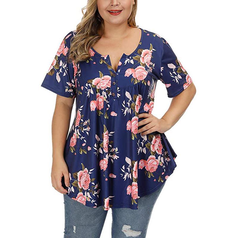  thdmladies V-neck button plus size printed T-shirt thedmladies