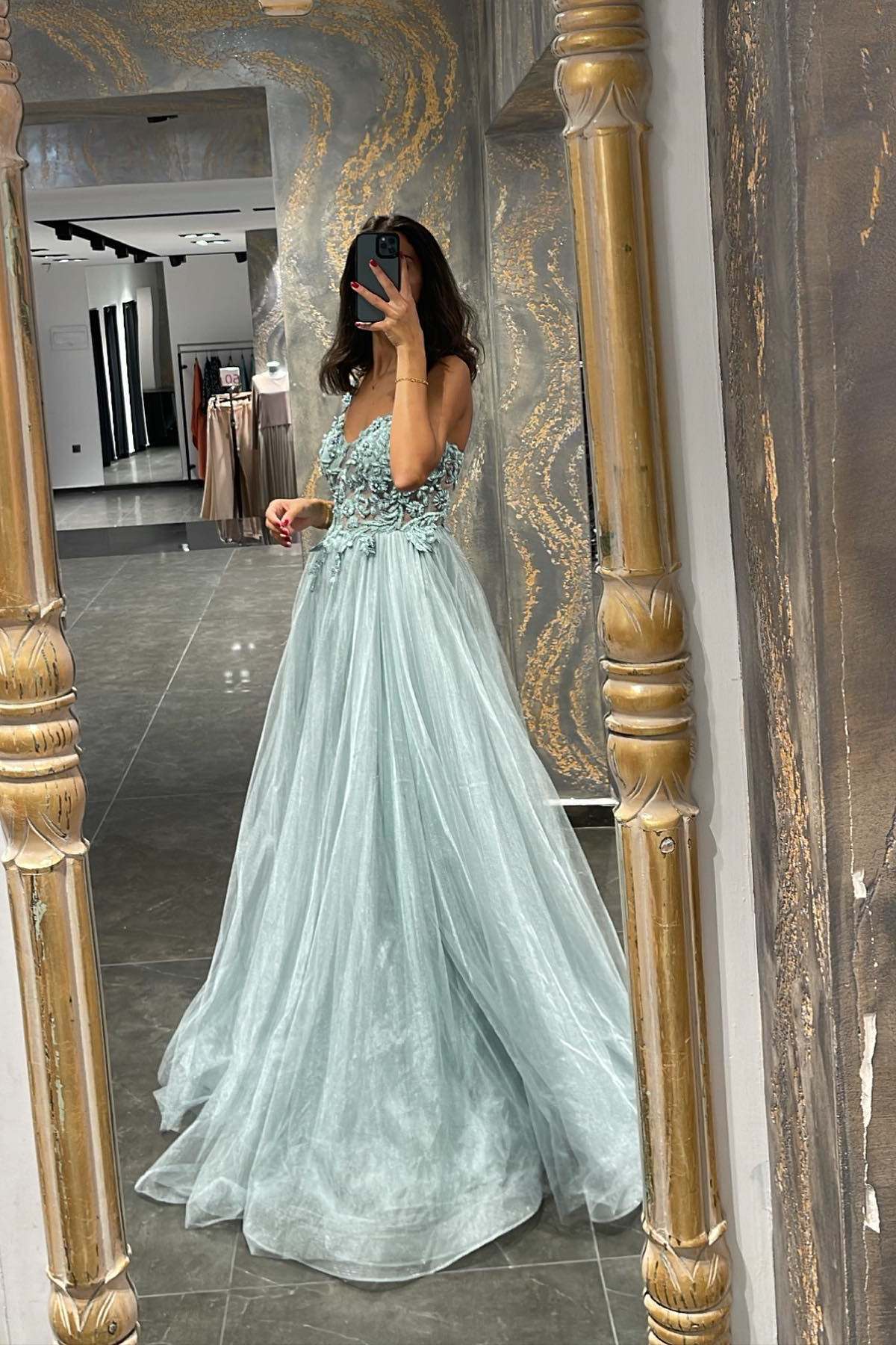 Daisda Mermaid Appliques Prom Dress With Beadings Spaghetti-Straps Elegant