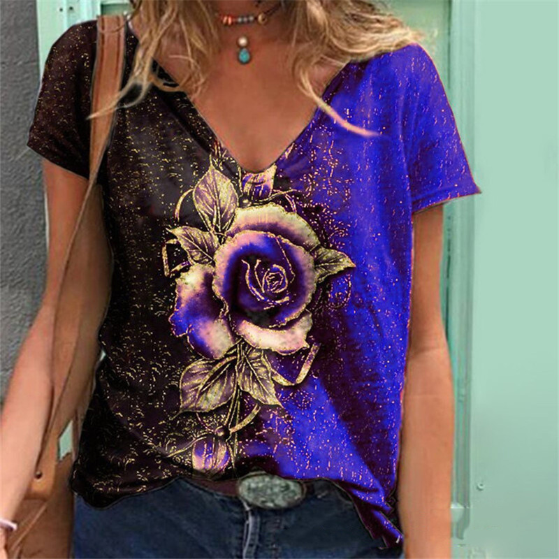 Rose Flower Print Women T Shirt Summer Casual Short Sleeve V-Neck Loose Oversized Tops