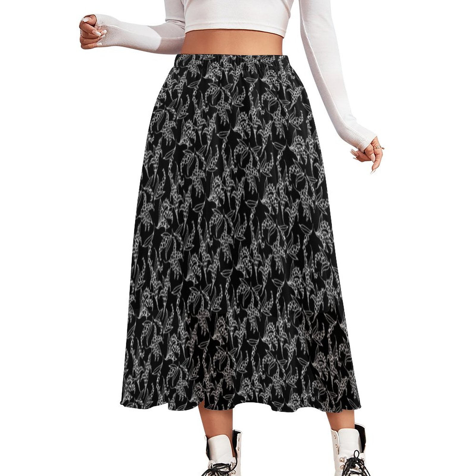 White On Black Lily Of The Valley Floral Outline Double-Layered High Waist Midi Chiffon Skirt