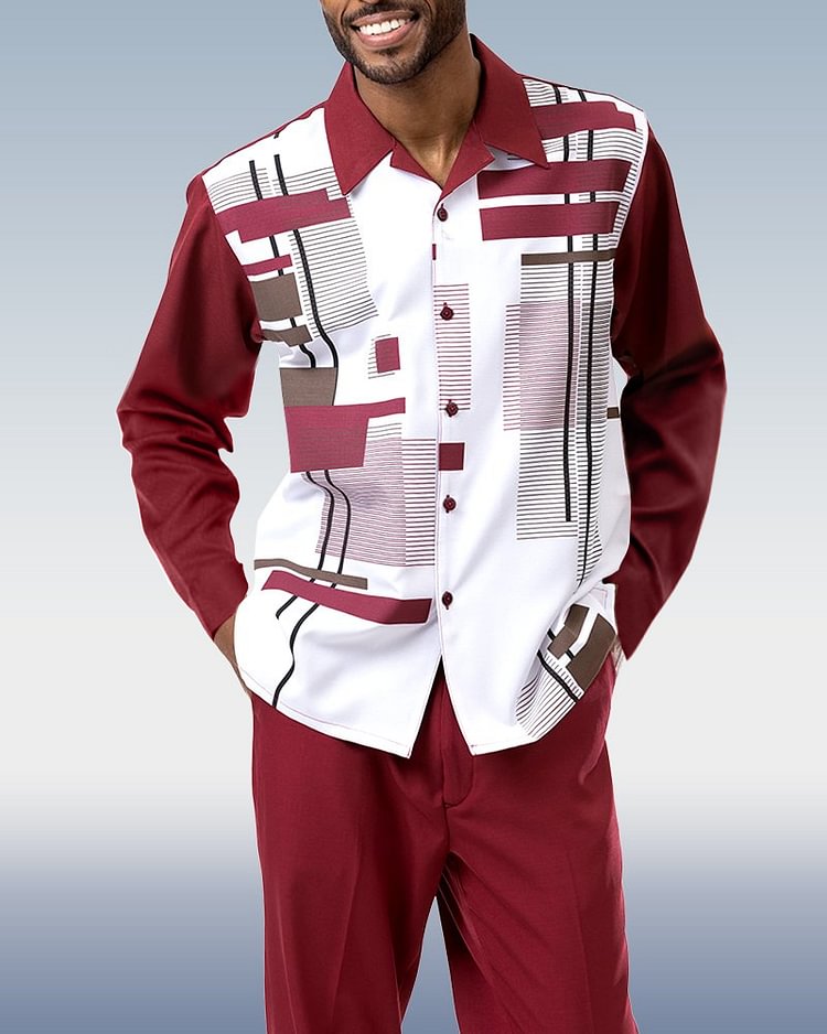 Burgundy Geometric Print Walking Suit 2 Piece LongSleeve Set
