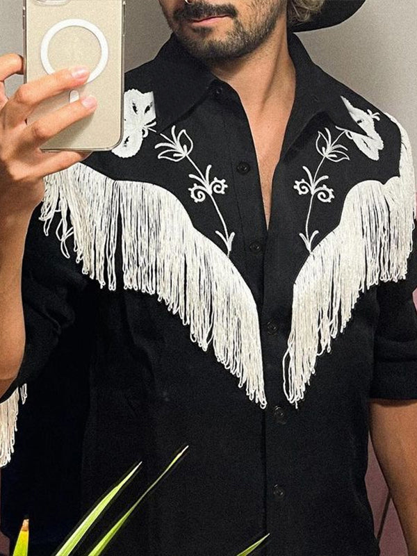 Aonga - Mens Tassels Embroidered Fringe Long Sleeve ShirtJ aonga
