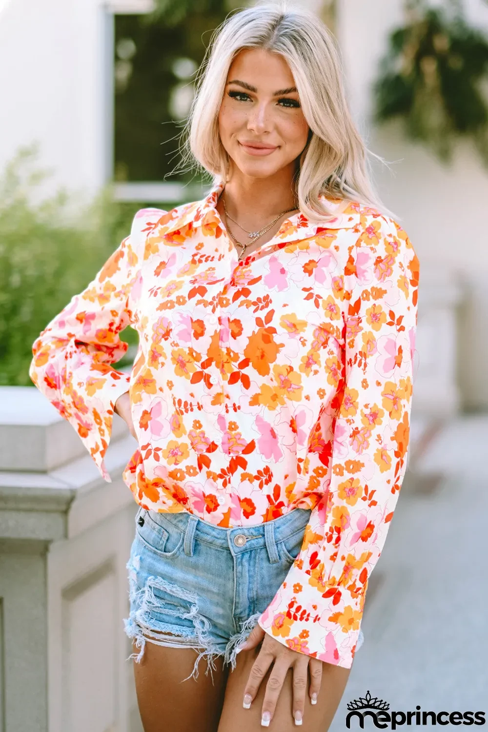 Orange Floral Bishop Sleeve Button Up Shirt